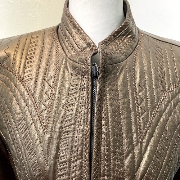 Leather Vintage Peter Nygard Metallic Brown jacket with rayon/nylon sleeves. S - Picture 9 of 9
